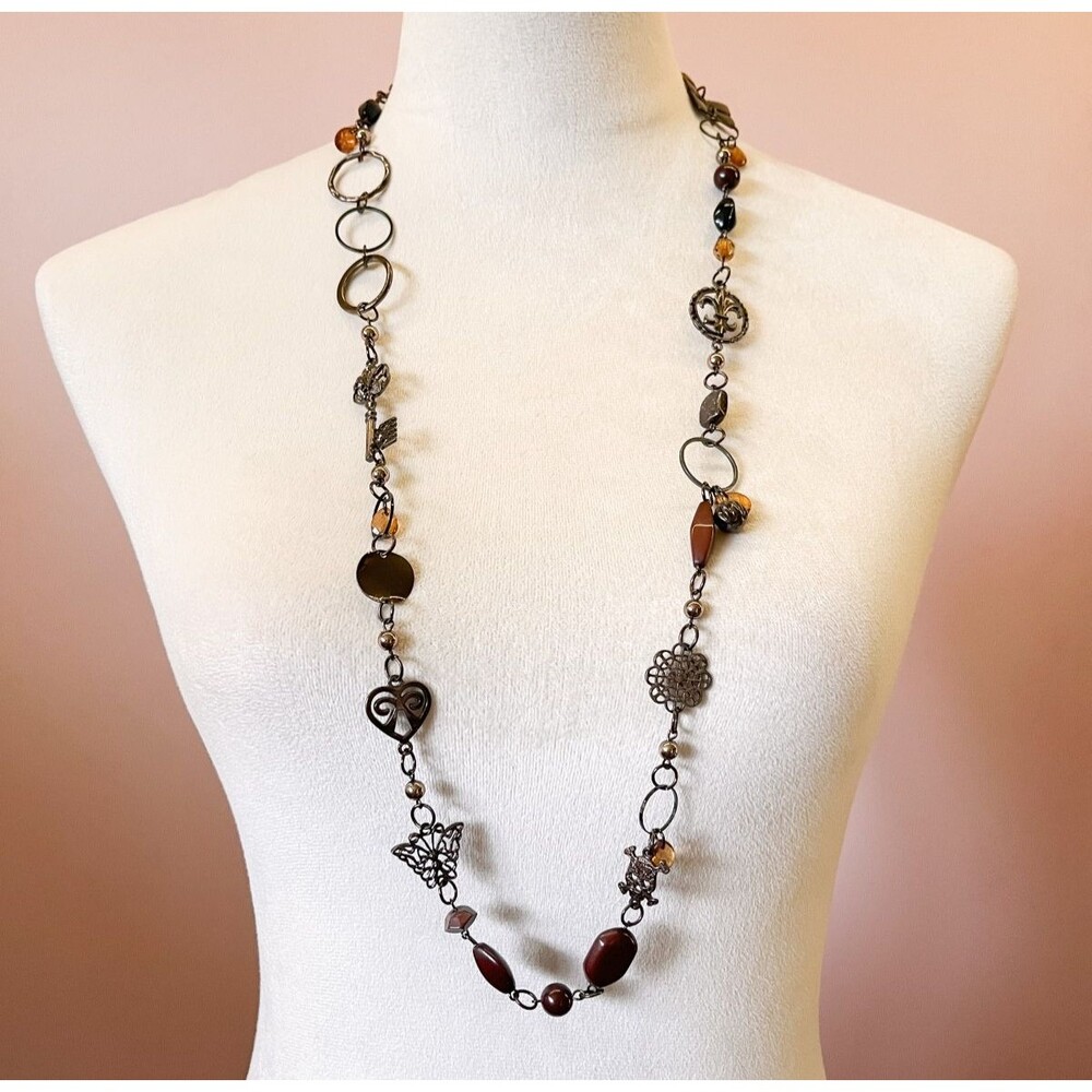 Necklace Long Brown Boho Casual Steampunk Beads Key Skull
